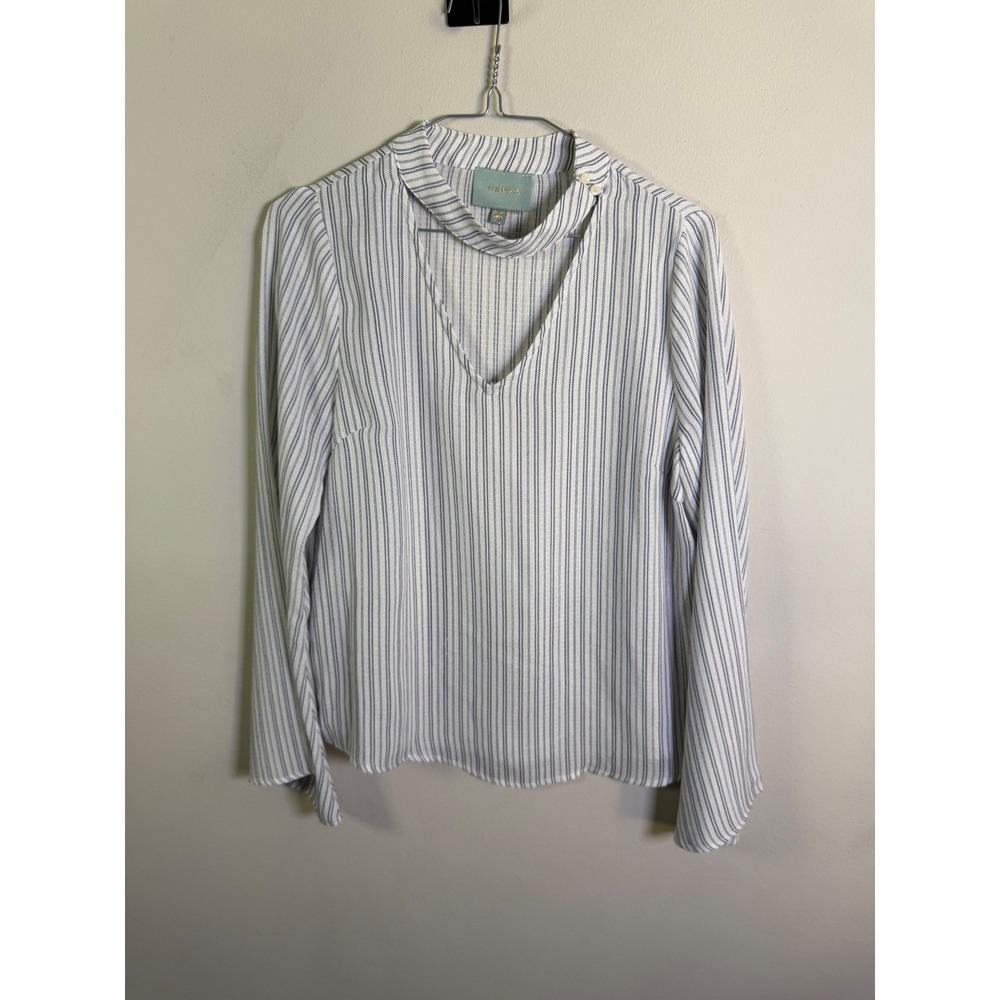 Skies Are Blue Women Blouse Choker Neck Striped White XS